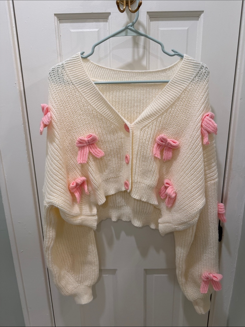 SHEIN Cream Cropped Cardigan with Pink Bow Accents